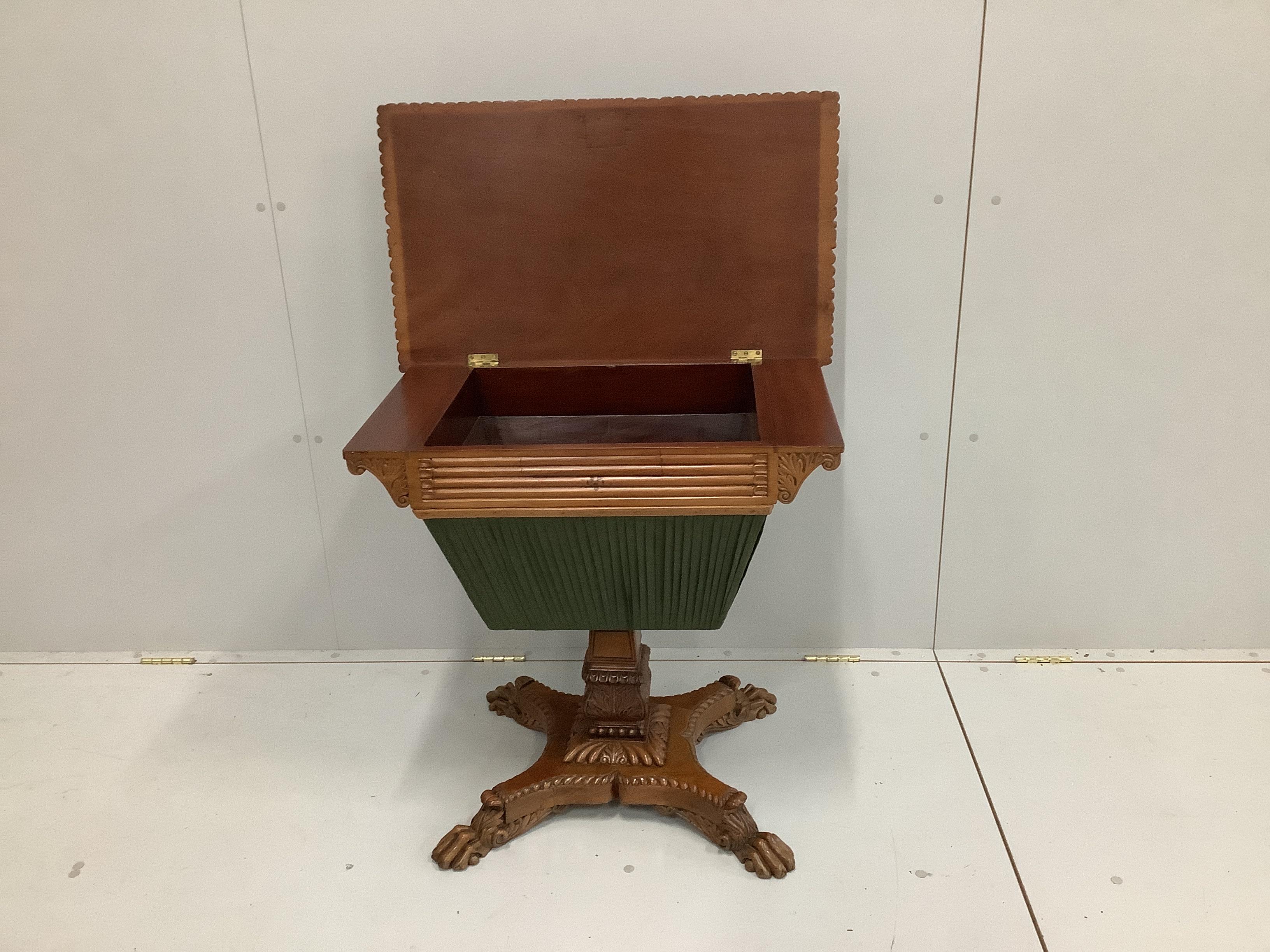 A William IV style carved rectangular mahogany sewing table, width 72cm, depth 43cm, height 70cm